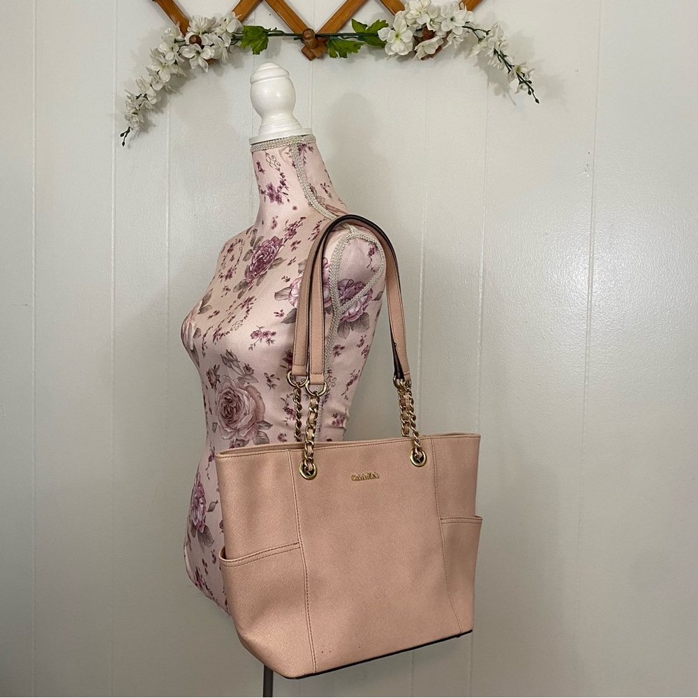 Calvin Klein Light Pink Faux Leather Tote Purse Chain Pockets